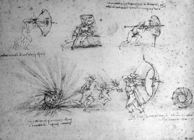 Study with Shields for Foot Soldiers and an Exploding Bomb, c.1485-88 by Leonardo da Vinci